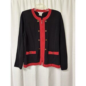Exclusively Misook Cardigan Black Red Trim Zip Front Buttons Preppy Office L